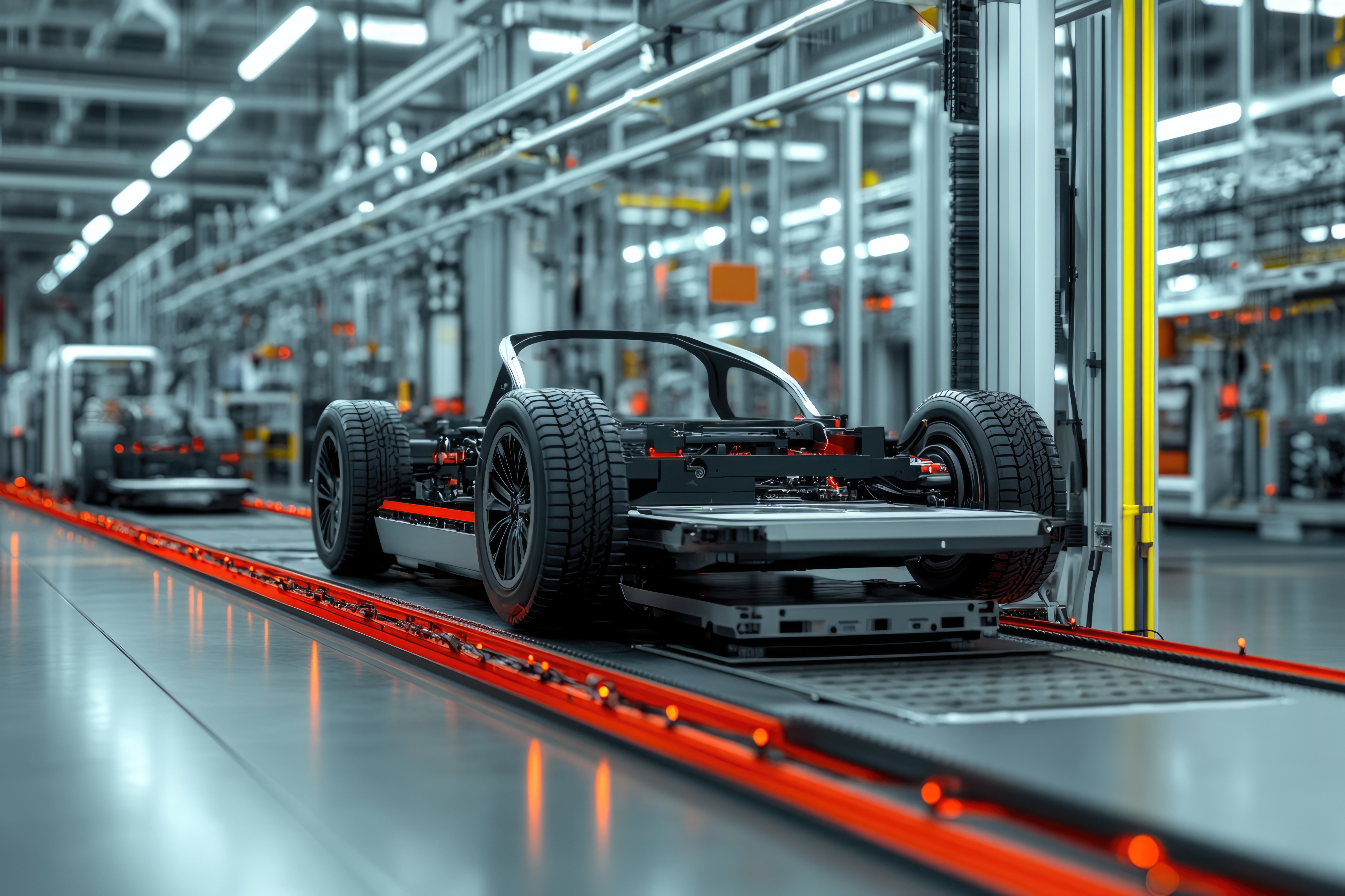 Conveyor Design — car body on assembly line with robotic arms in automotive factory